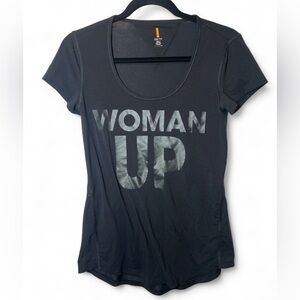 Lucy Women Size XS Black WOMAN UP Graphic‎ Short Sleeve Activewear T Shirt